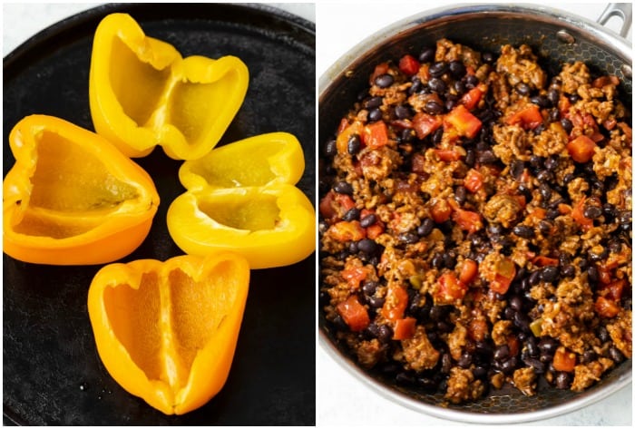 Bell peppers on a baking sheet cut in half next to a skillet with taco filling for making taco stuffed peppers.