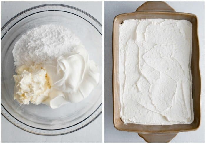 ingredients for cream cheese dessert later in a glass bowl next to a casserole dish with it spread out inside.