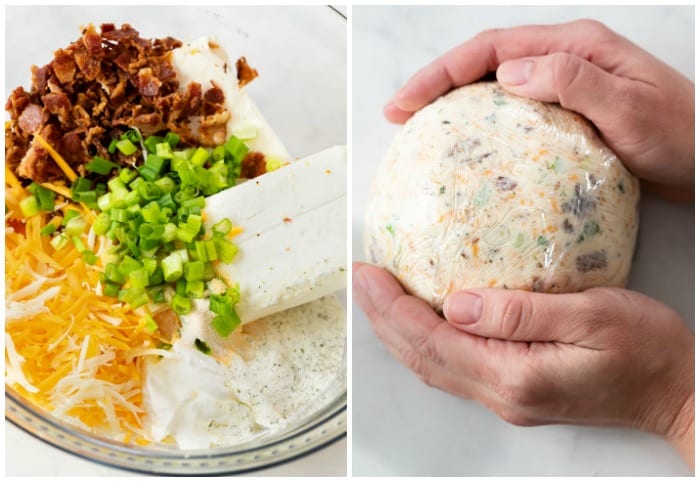 Making a bacon ranch cheddar cheese ball.