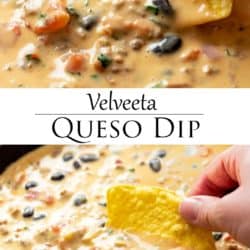 A collage of a chip being dipped into hot Velveeta Queso Dip