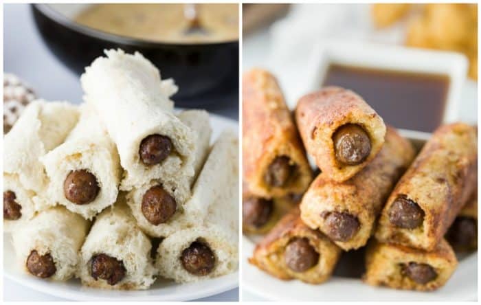 Making french toast roll-ups with sausage