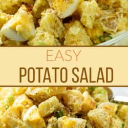 A labeled collage of potato salad in a glass bowl.