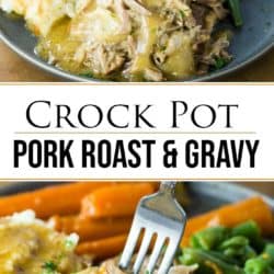 A collage of pork with gravy on a plate.