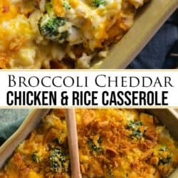 A collage of a wooden spoon scooping up Chicken Broccoli Rice Casserole.