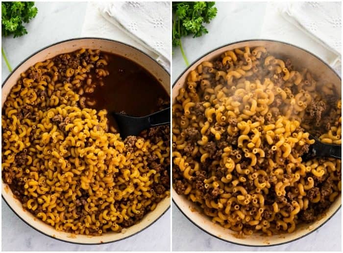 Macaroni being cooked in a dutch oven for cheeseburger casserole.