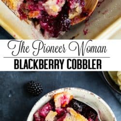 A collage of blackberry cobbler in a bowl and in a baking dish.