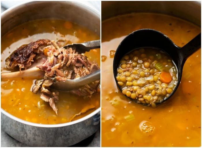 A pot with a cooked ham bone being removed for Lentil Soup with Ham recipe.