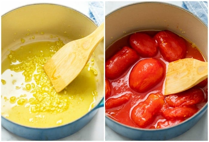 Garlic and oil in a pot with plum tomatoes to make homemade marinara sauce