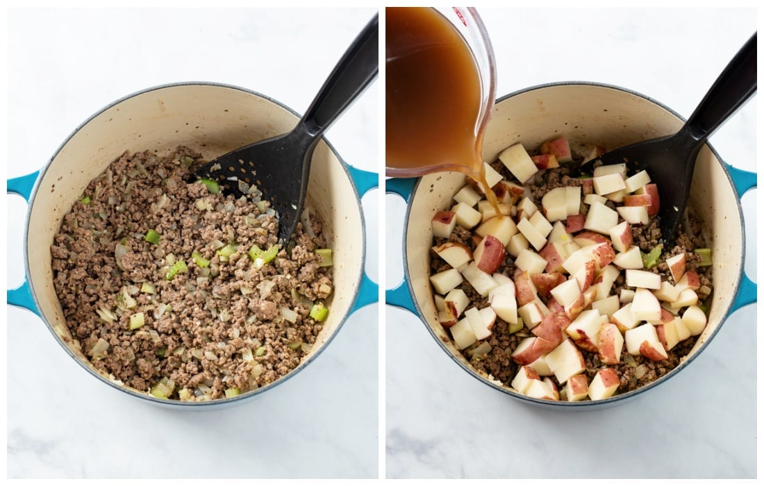 A soup pot filled with ground beef with potatoes and beef broth being added.