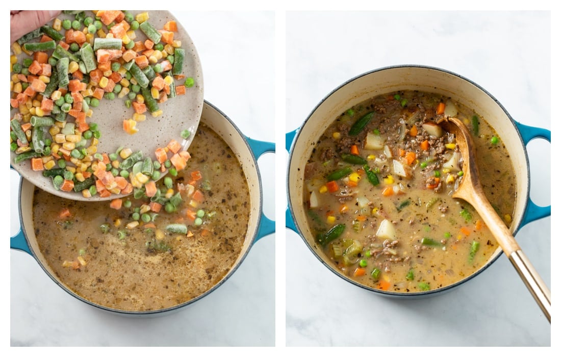 A soup pot with frozen vegetables being added to hamburger soup.
