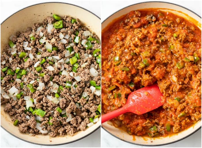 Ground beef, onions, peppers, and marinara sauce in a saucepan for making Baked Spaghetti.