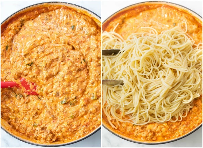 Marinara meat sauce with Ricotta with spaghetti being added to make Baked Spaghetti.