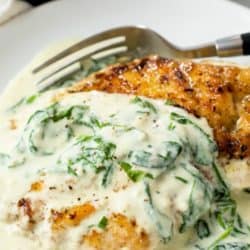 A labeled image of Chicken Florentine on a white plate.