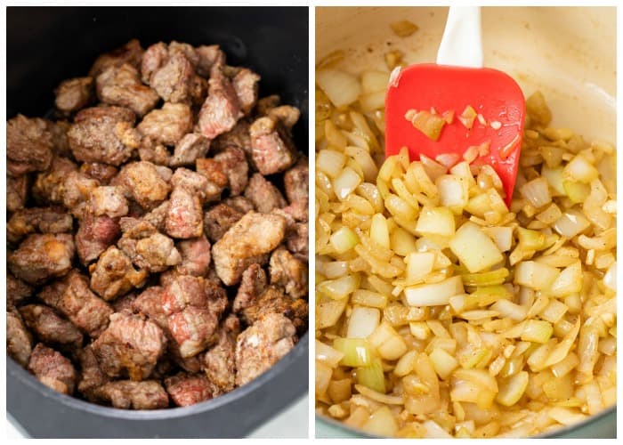 Seared Beef in a Slow Cooker next to sauteed onions in a pot.