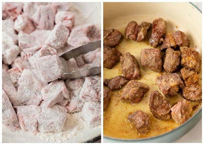 Coating beef in flour mixture and searing in a skillet to make Slow Cooker Beef Stew.