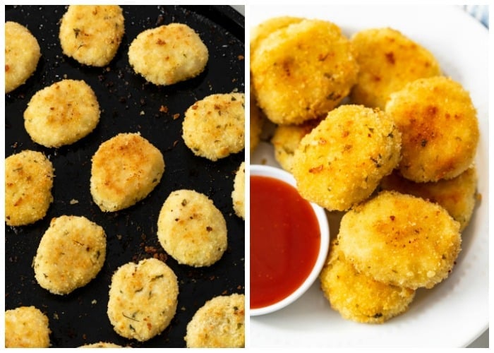 Homemade chicken nuggets on a baking sheet and on a white plate next to dipping sauce.