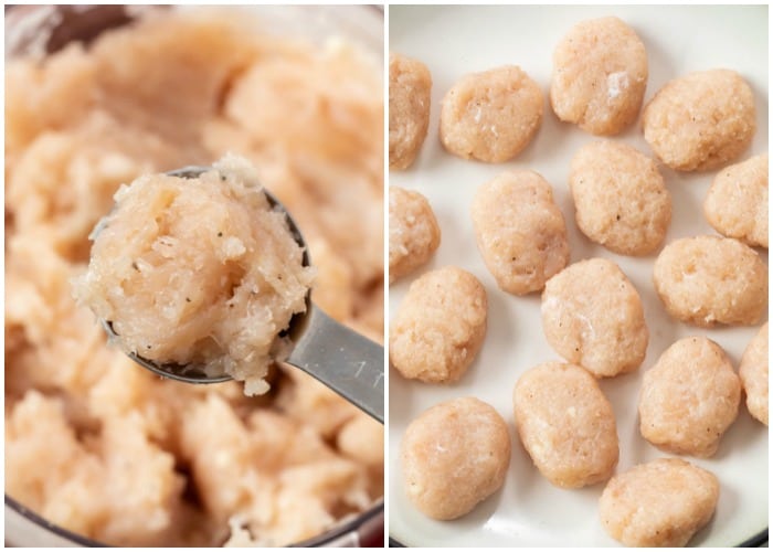 Scooping up ground chicken with a Tablespoon and forming into chicken nuggets.