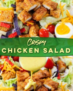 A collage of Crispy Chicken Salad with a green label in the middle.