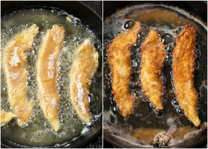 Frying chicken strips in a cast iron skillet to make crispy chicken salad.