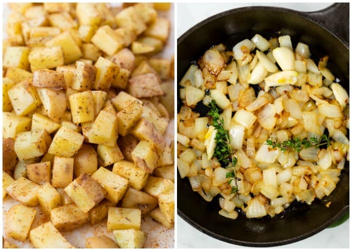 Seasoned Potatoes on a cutting board next to a cast iron skillet of onions, thyme, and garlic for making skillet potatoes.