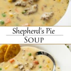 A collage of Shepherds Pie Soup in a bowl with a label in the middle.