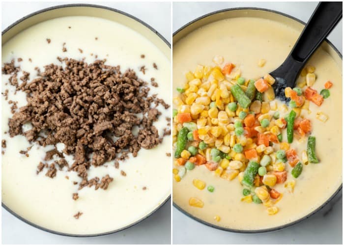 Adding ground beef to a pot of soup with frozen vegetables for shepherds pie soup.