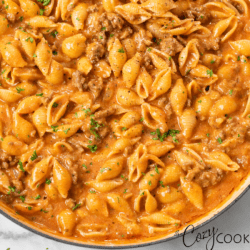 A labeled image of creamy beef and shells in a skillet.