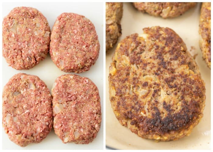 Molding and searing meat patties for Salisbury steak.