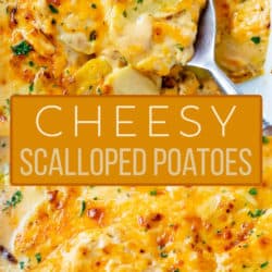 A labeled collage of cheesy scalloped potatoes in a baking dish with a spoon.