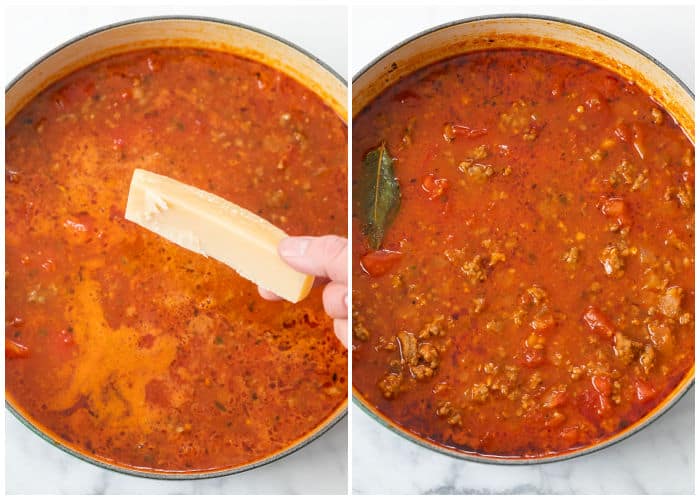 A soup pot filled with tomato broth for Lasagna soup
