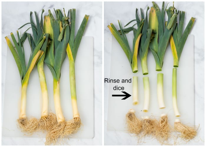 Cutting leeks to make Potato Leek soup.