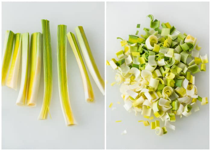 Dicing up the stems of leeks to make potato leek soup.
