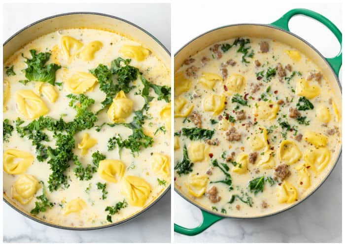 Adding kale and tortellini to Sausage Tortellini Soup.