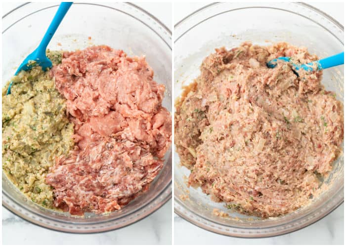 Combining a panade and ground turkey and sausage to make meatballs.