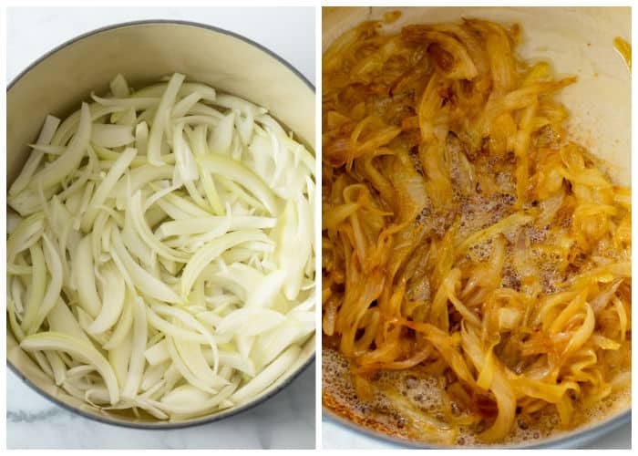 Onions in a dutch oven before and after caramelizing.