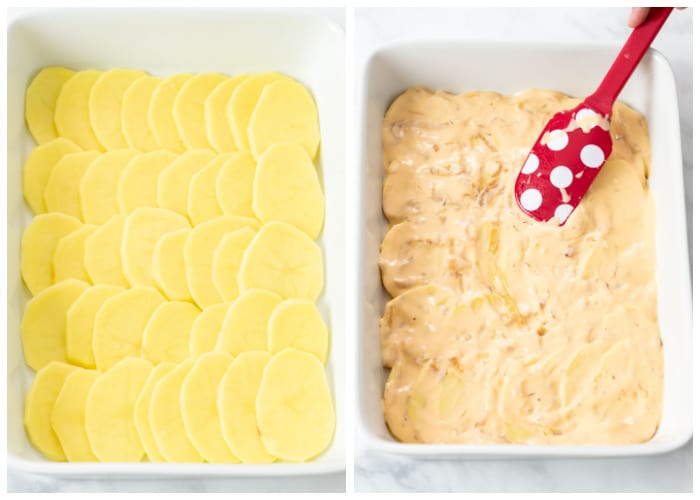 Thinly sliced potatoes in a casserole dish being topped with cheese sauce to make scalloped potatoes.