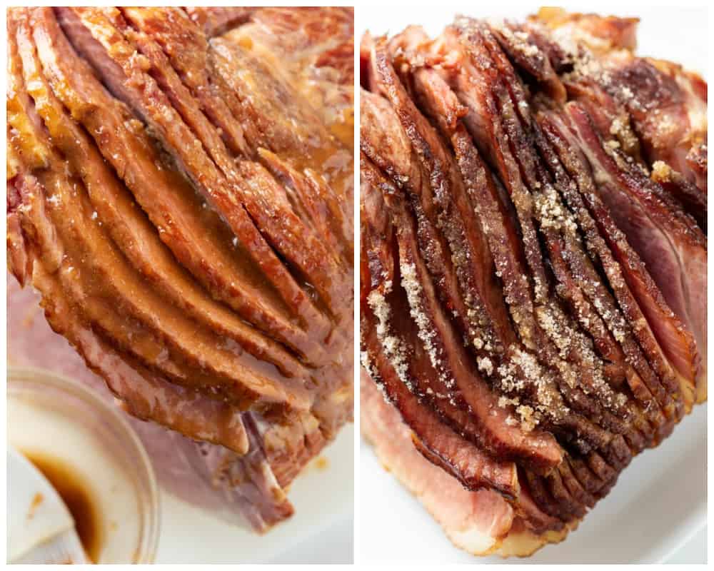 Ham with honey and butter being brushed on it and a sugar mixture being added on top.