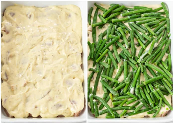 A casserole dish with chicken, cream of chicken, and green beans for chicken and stuffing casserole.