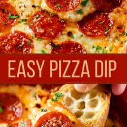 A collage of pizza dip with a spoon and with bread scooping it.