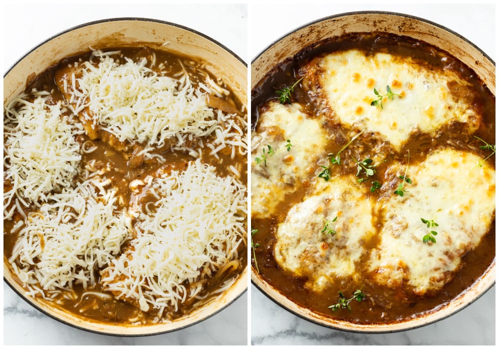 French Onion Chicken topped with cheese before and after broiling.