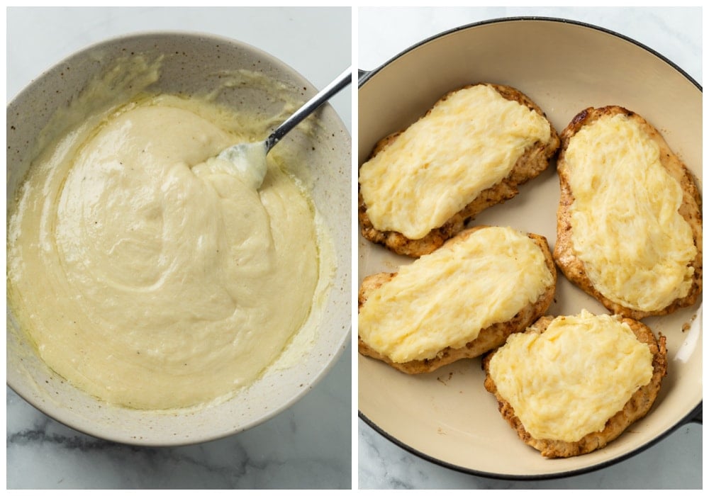 A bowl of melted Parmesan Crust topped next to a skillet of chicken topped with it before baking.