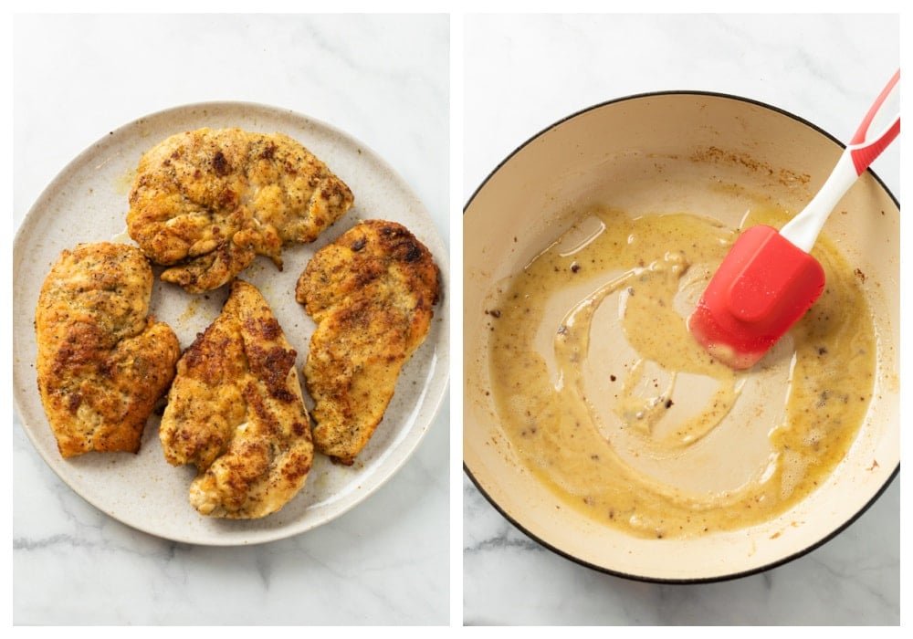Seared and seasoned chicken on a plate next to a skillet of roux to make cheese chicken.