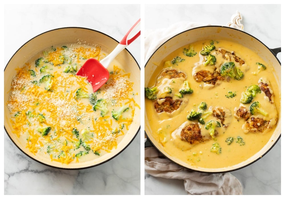 A skillet with cheese and broccoli being mixed into cheese sauce for cheese chicken.