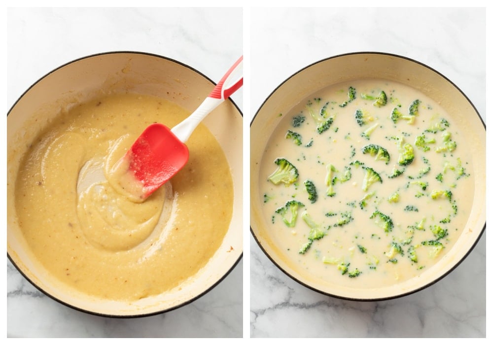 A skillet of a creamy roux with broccoli for cheese chicken.