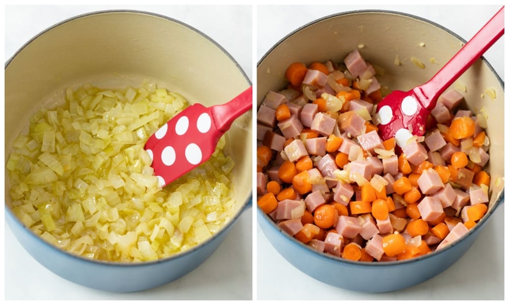 Cooking onions in a soup pot and adding carrots and ham.