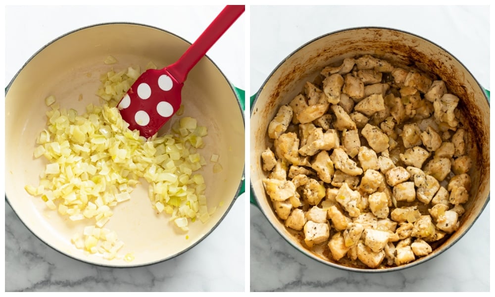 Cooking onions and chicken in a Dutch oven.