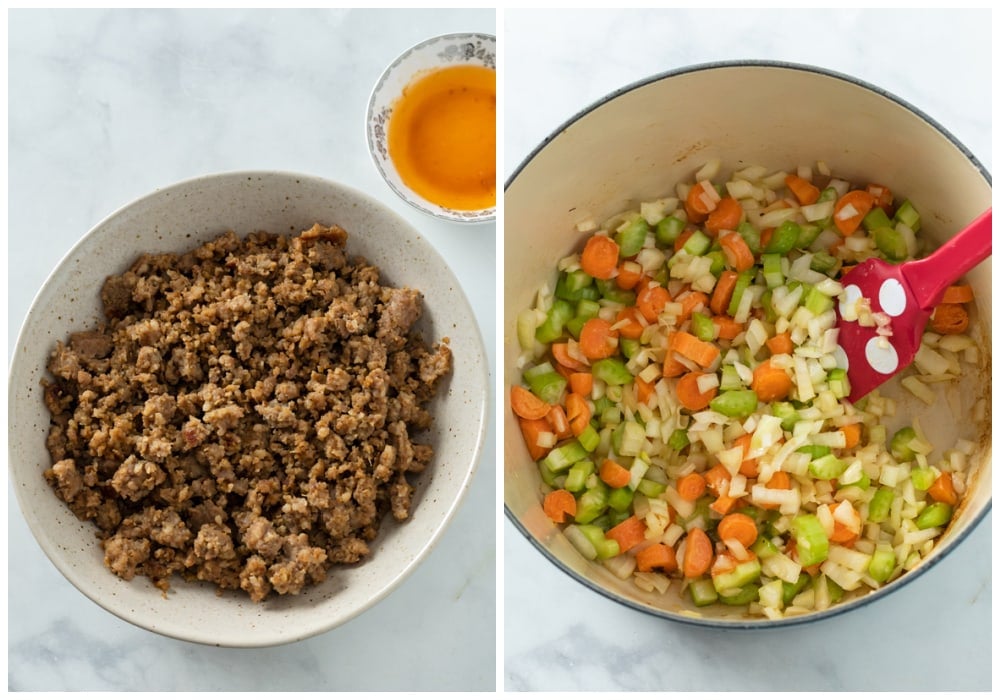 Cooked ground sausage with reserved drippings next to a pot with mirepoix.