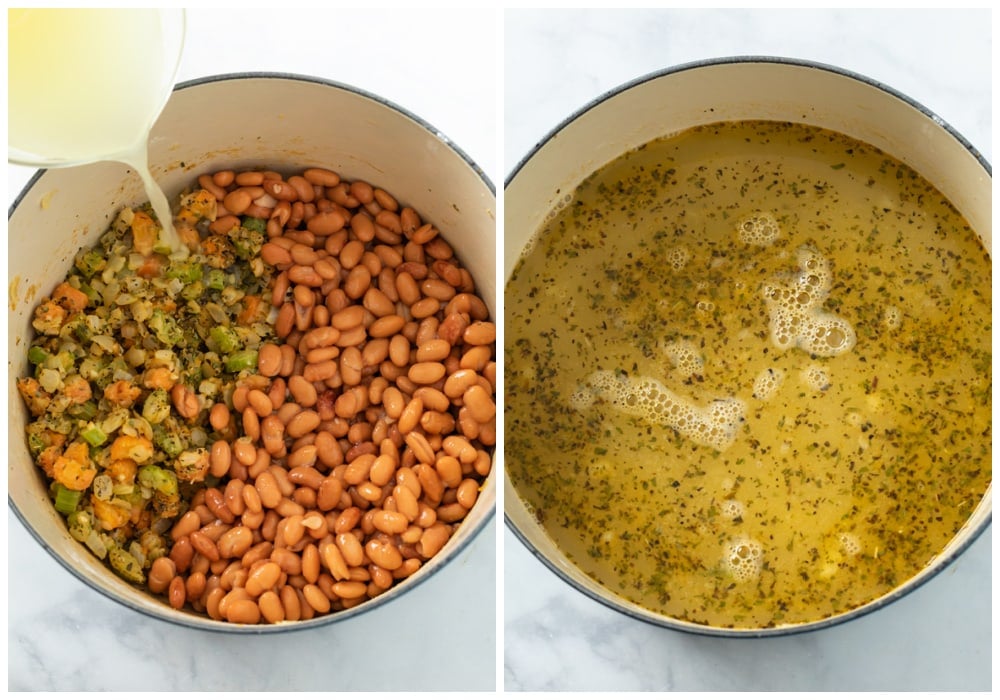 Adding chicken broth to a pot with mirepoix and pinto beans with seasonings.