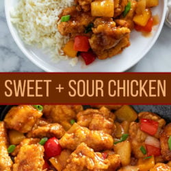 A collage of Sweet and Sour Chicken in a skillet and on a plate with rice.
