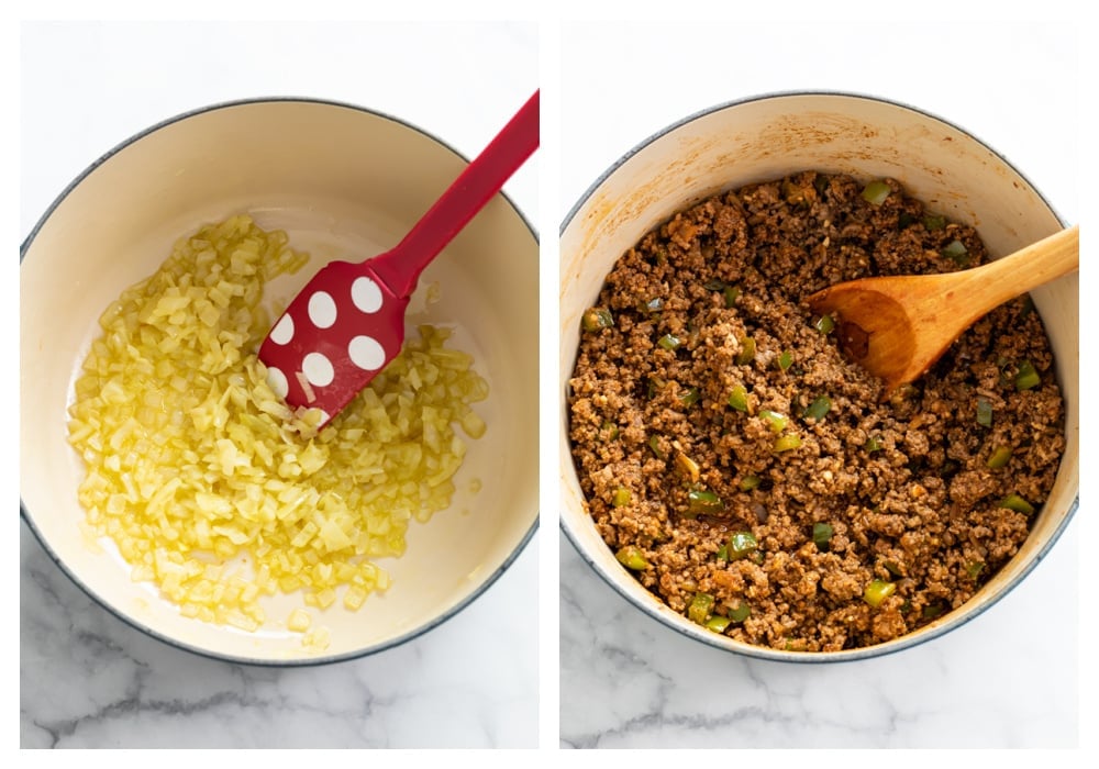 Cooking onions and ground beef in a pot to make chili.